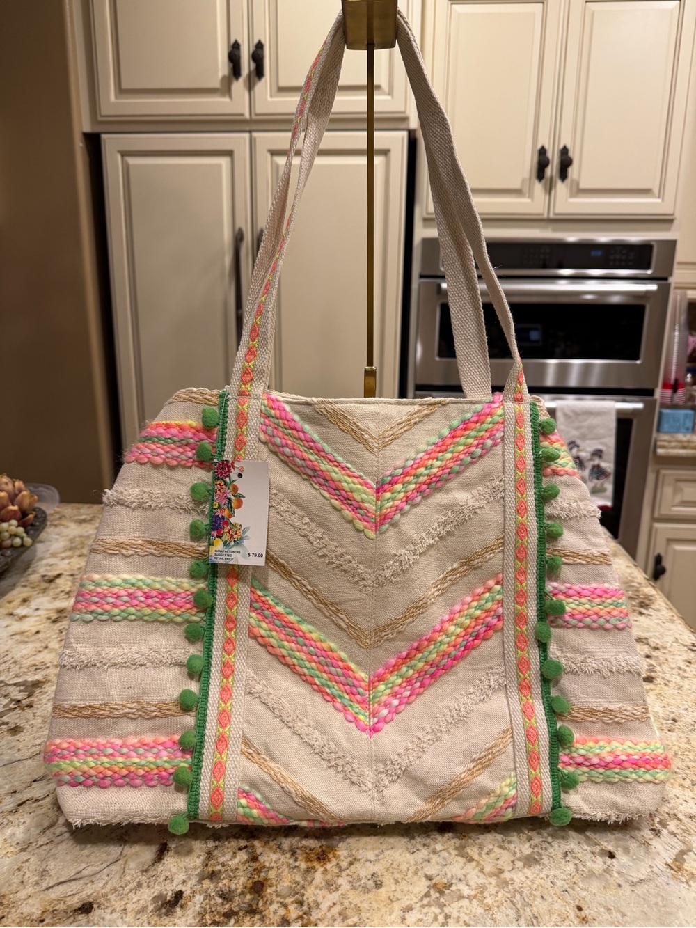 America & Beyond Cream Tote Bag with Pink & Green Accents
